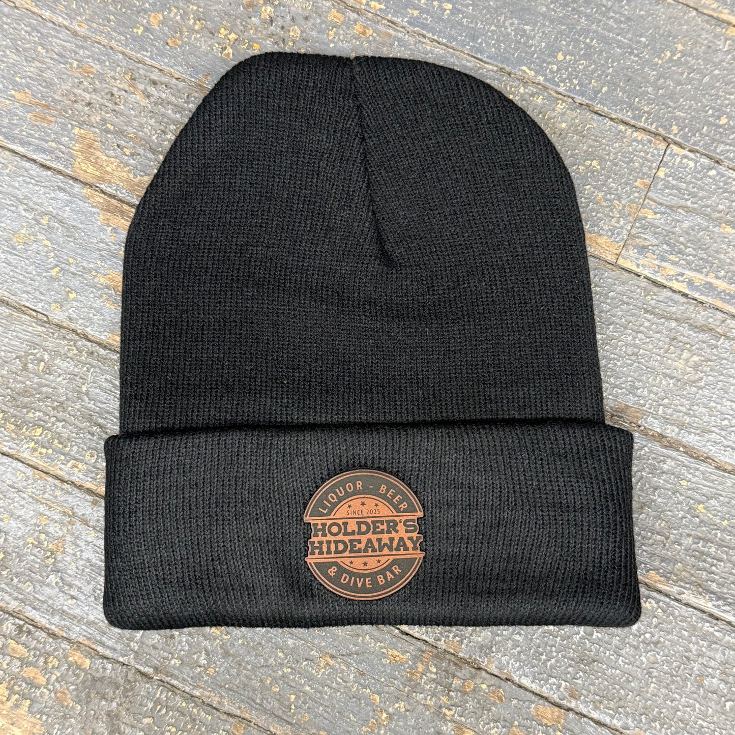 Holders Hideaway Leather Patch Beanie Ball Cap Fold Over Black