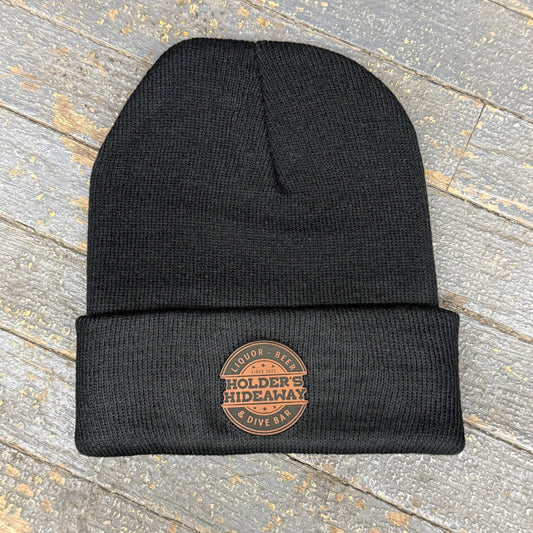 Holders Hideaway Leather Patch Beanie Ball Cap Fold Over Black