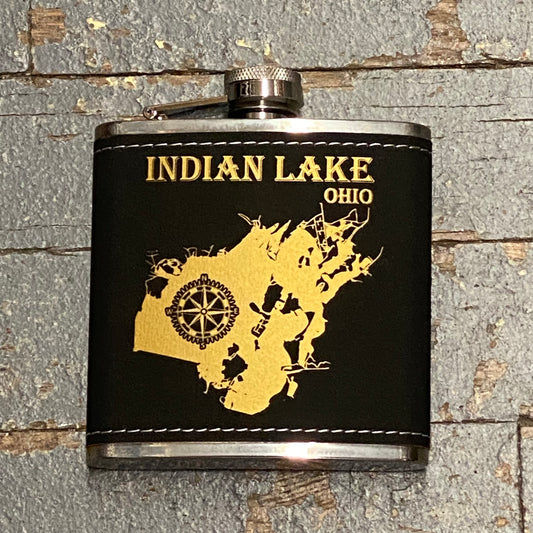 Laser Engraved Flask Indian Lake Ohio Map Black Leather Wrap