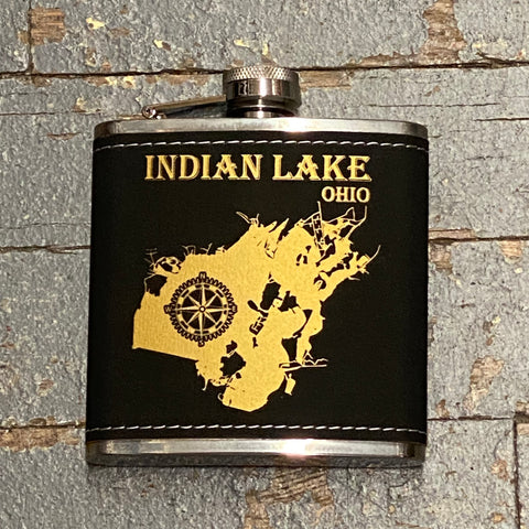 Laser Engraved Flask Indian Lake Ohio Map Black Leather Wrap