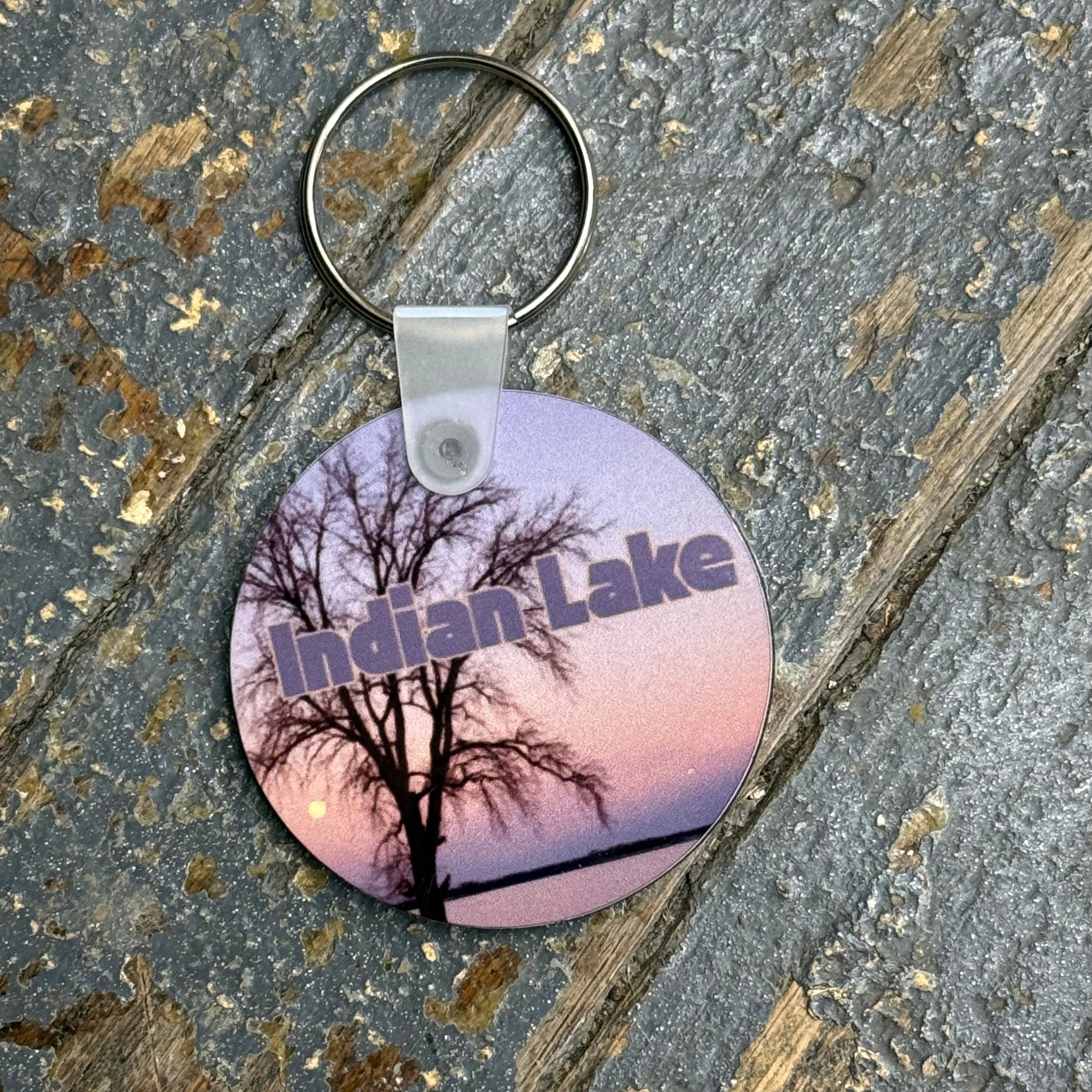 Key Chain Round Indian Lake Sunset Winter