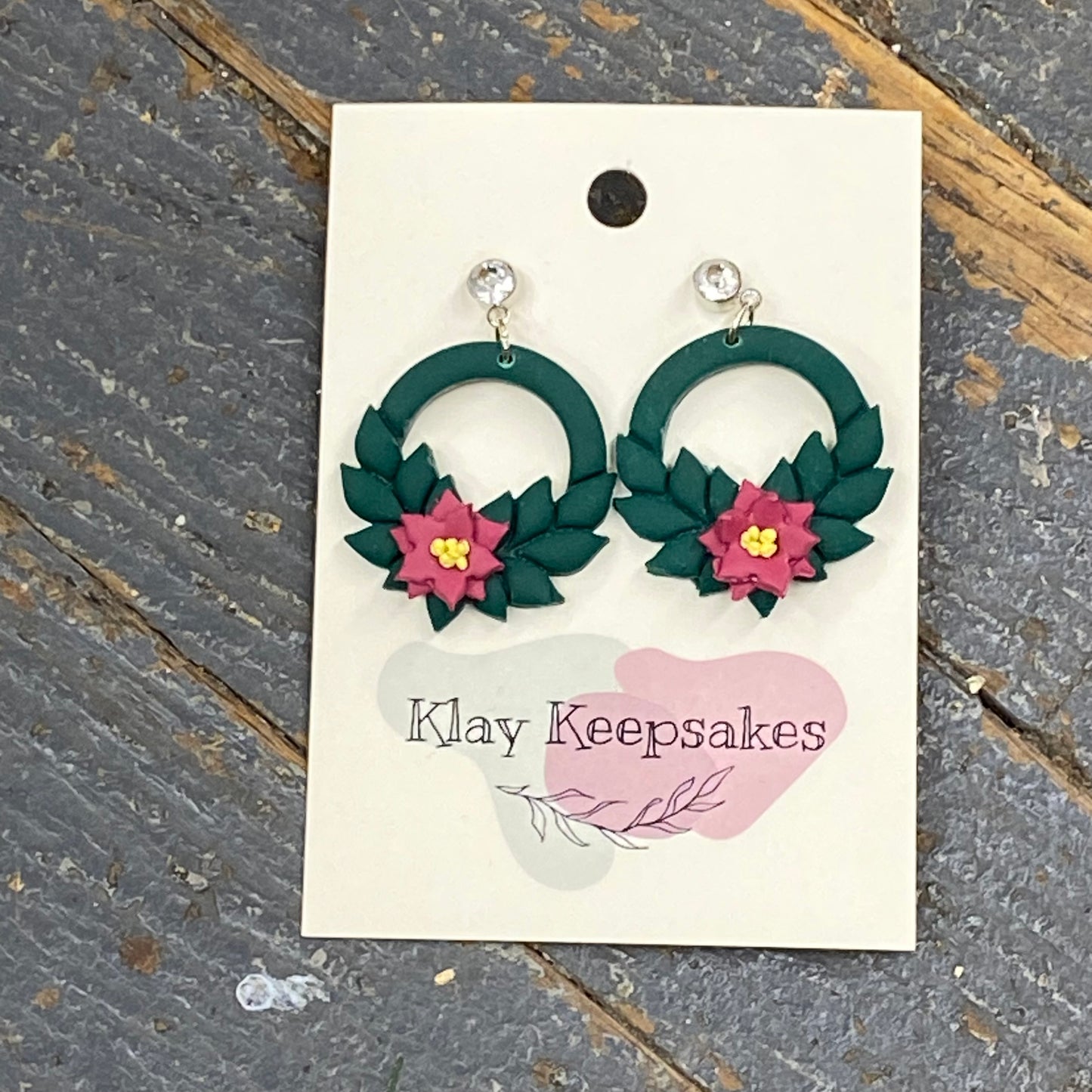 Clay Holly Wreath Poinsettia Diamond Post Dangle Earring Set