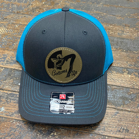 Bottoms Up Leather Patch Trucker Ball Cap Grey Neon Blue