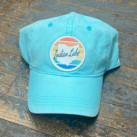 Indian Lake Ohio Color Line Leather Patch Faded Ball Cap Teal Blue