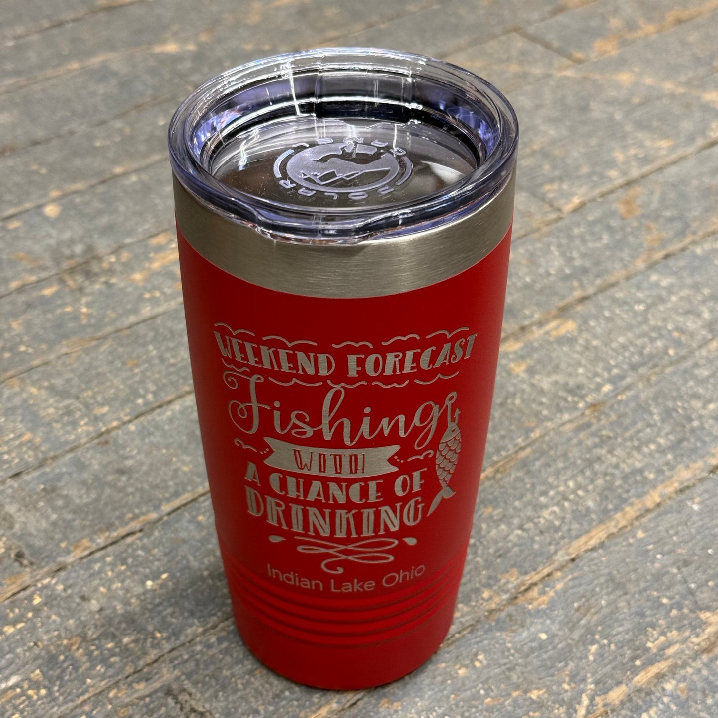 Weekend Forecast Fishing Indian Lake Ohio Laser Engraved Stainless Steel 20oz Wine Beverage Drink Travel Tumbler Red