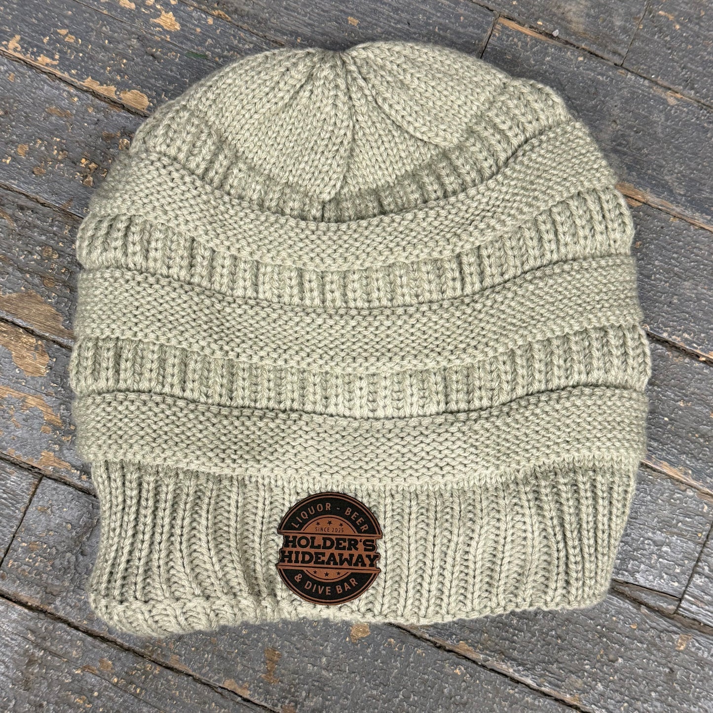 Holders Hideaway Leather Patch Beanie Ball Cap Ladies Knit Grey