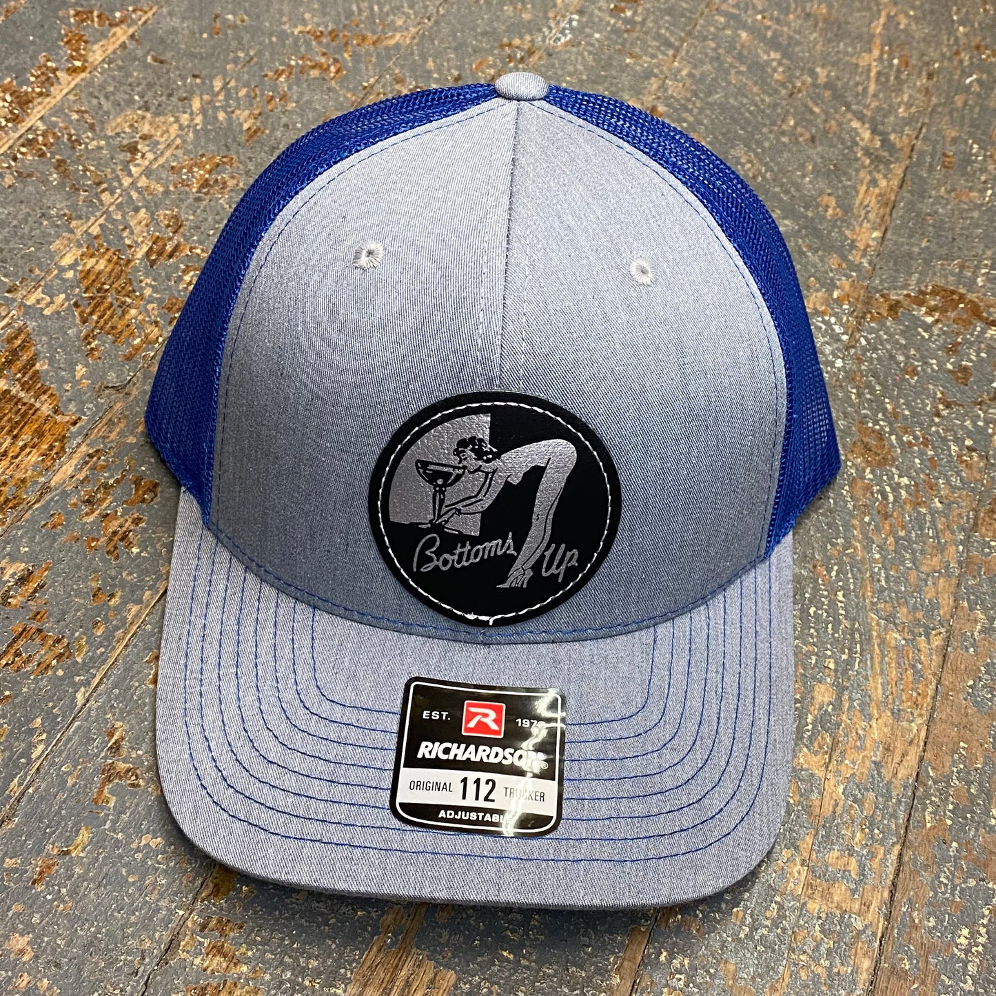 Bottoms Up Leather Patch Trucker Ball Cap Grey Blue