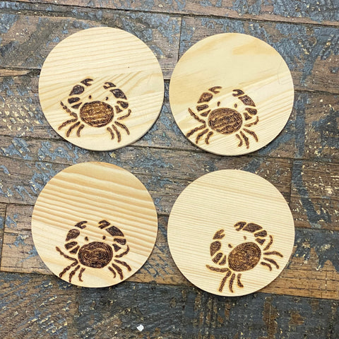 Hand Engraved Wood Coaster Set Crab
