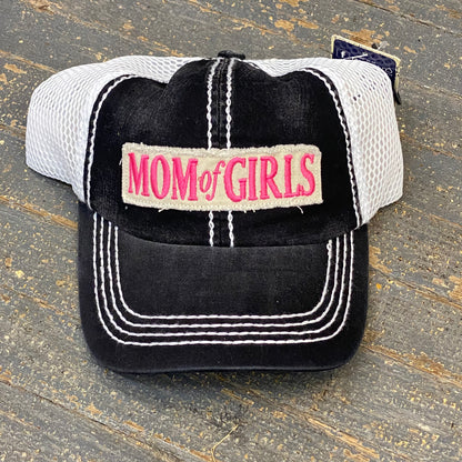 Mom of Girls Patch Rugged Black Pink Embroidered Ball Cap