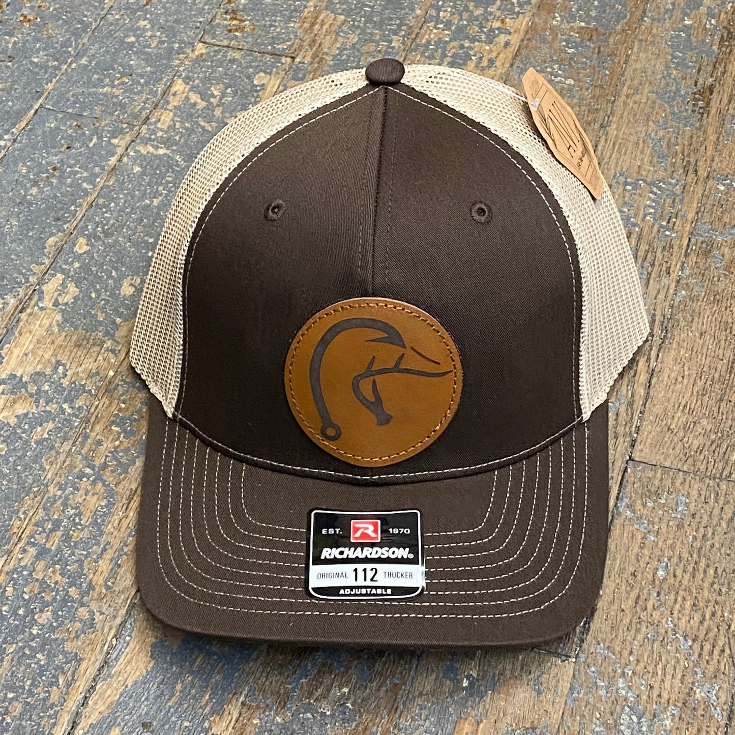 Fishhook Duck Head Leather Patch Trucker Ball Cap Brown Tan