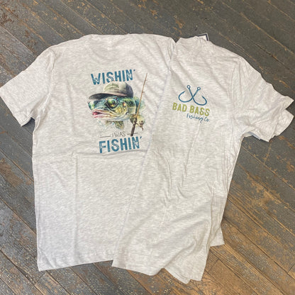 Wishin I was Fishin Short Sleeve T-Shirt Grey Graphic Designer Tee