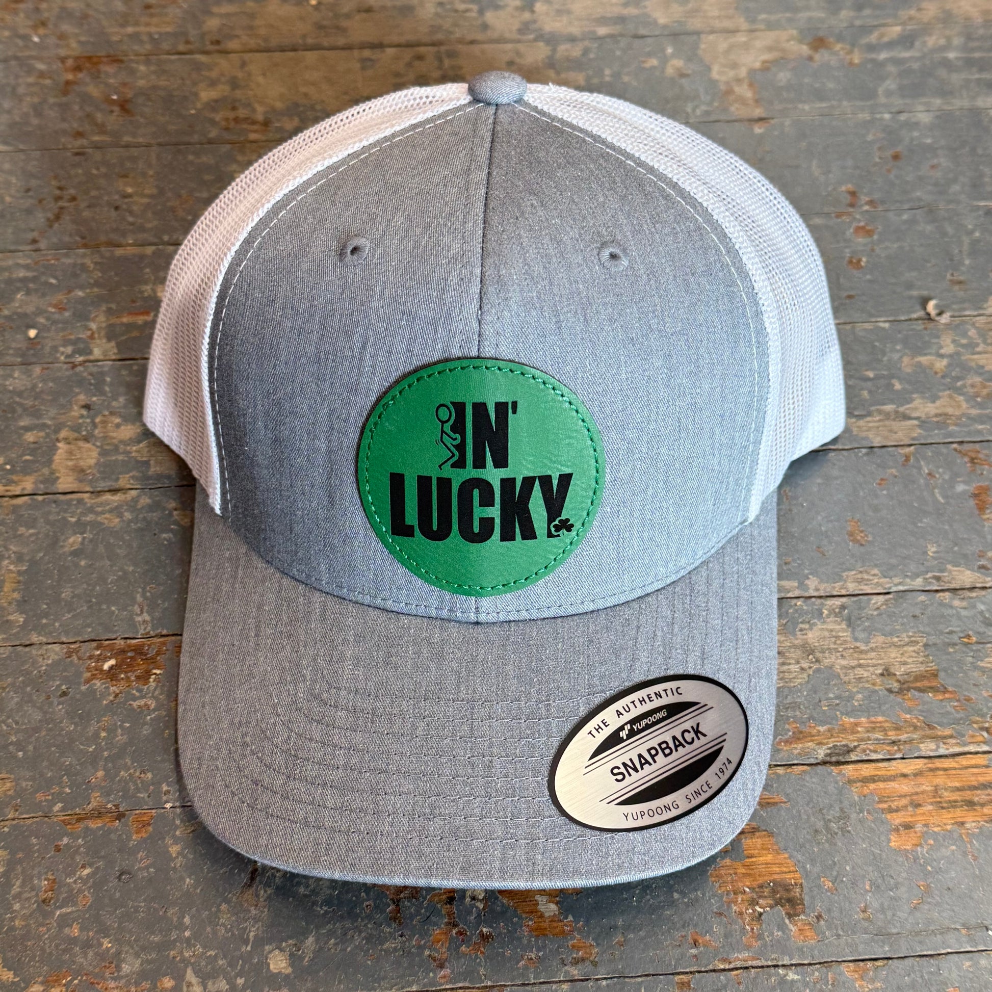 F'In Lucky Leather Patch Trucker Ball Cap Grey White