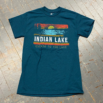 Escape to the Lake Indian Lake Dark Teal Blue Graphic Designer Short Sleeve T-Shirt