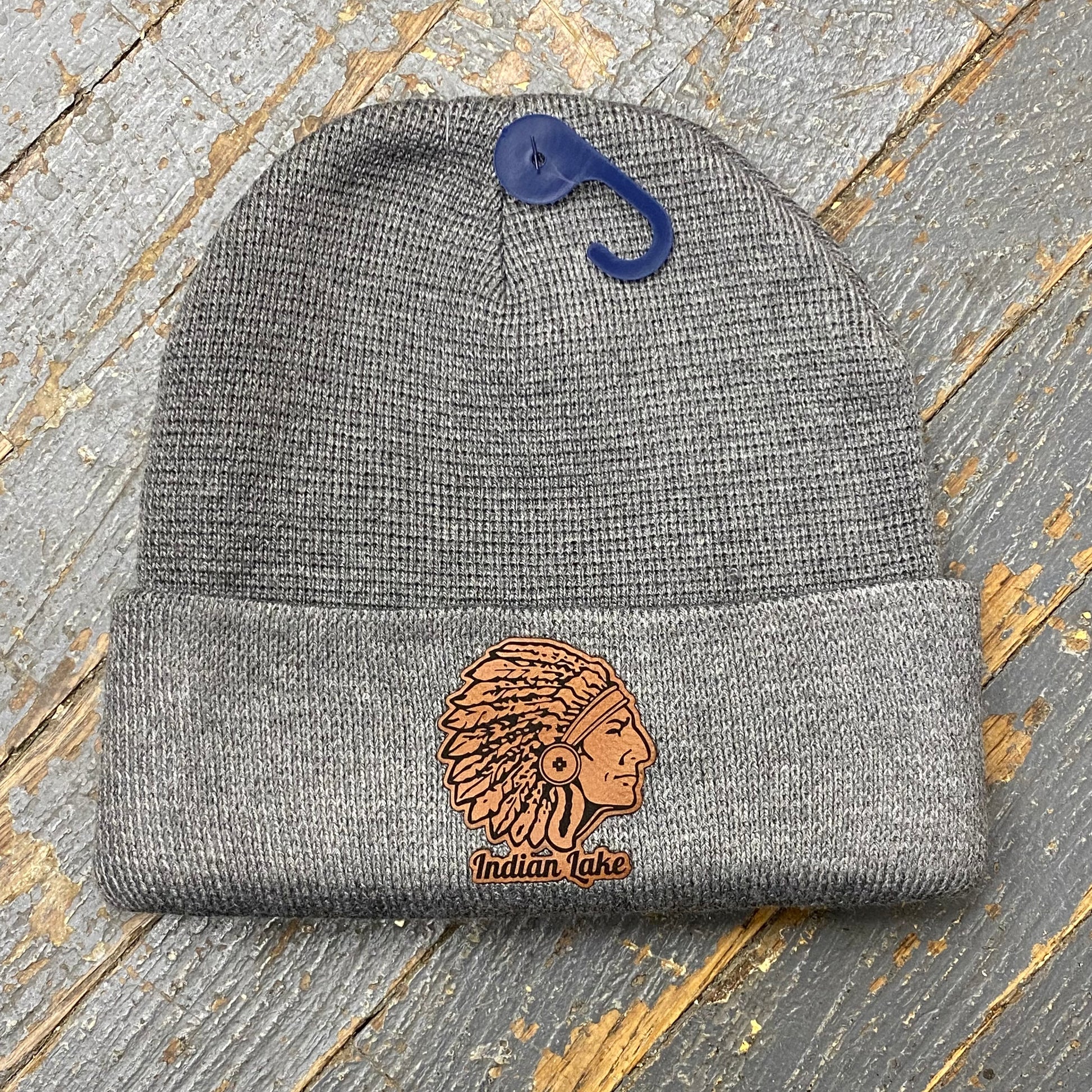 Indian Lake Ohio Indian Leather Patch Beanie Ball Cap Grey