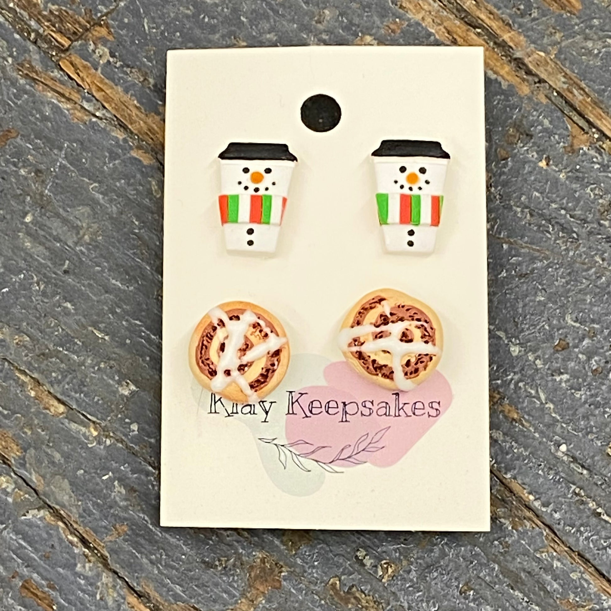 Clay 2 Pair Winter Snowman Cinnamon Bun Post Earring Set