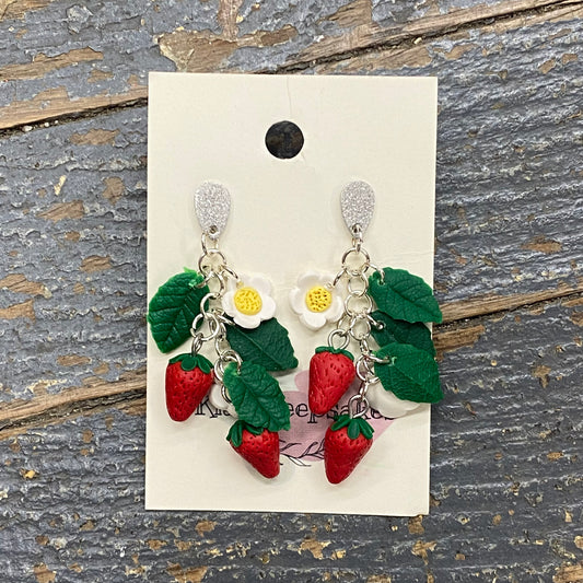 Clay Strawberry Fruit Flower Leaf Dangle Earring Set