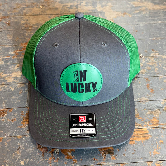 F'In Lucky Leather Patch Trucker Ball Cap Grey Green