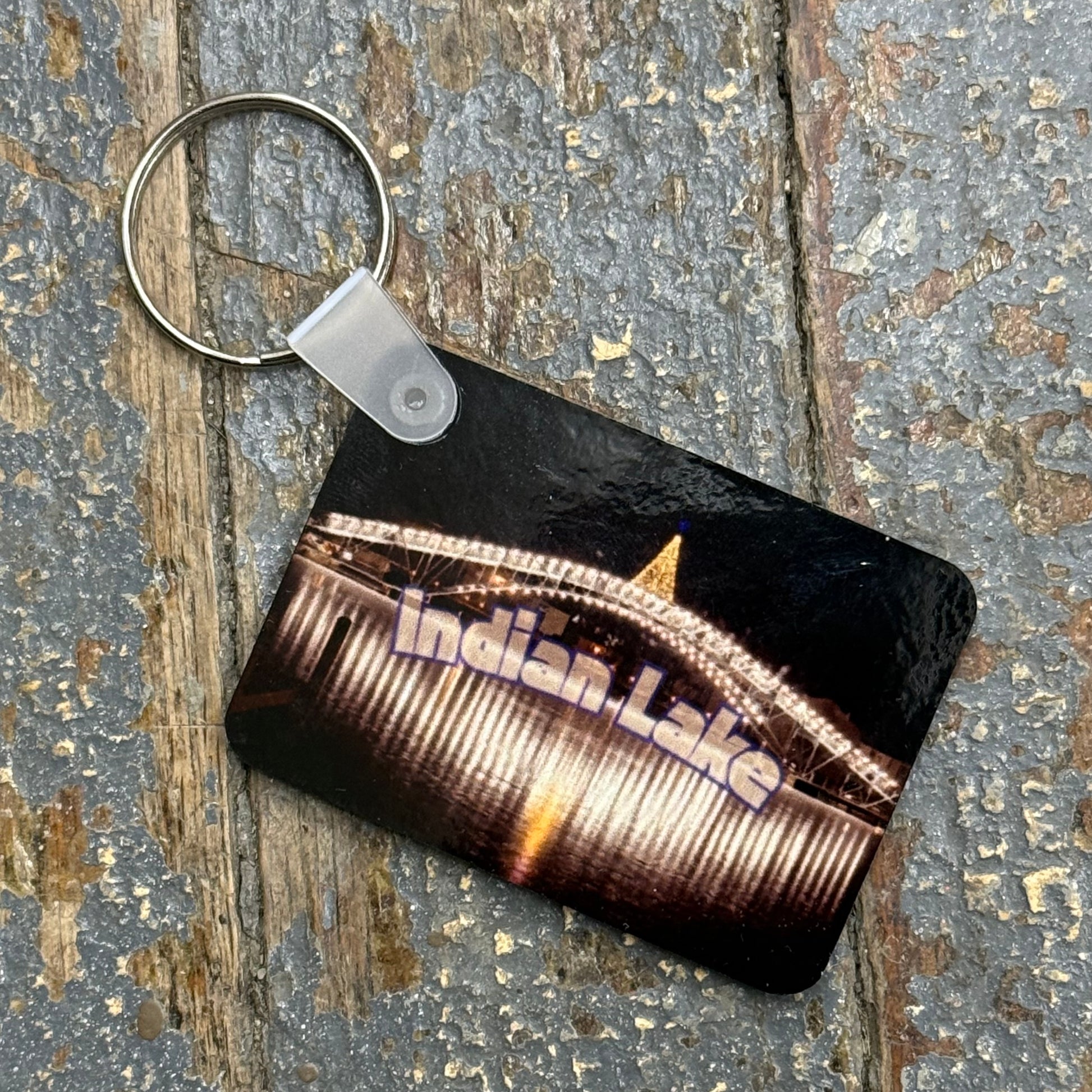Key Chain Rectangle Indian Lake Winter Christmas Tree Sandy Beach Bridge