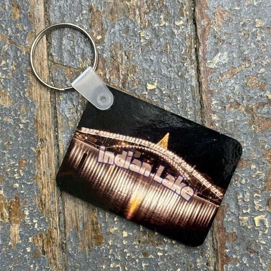 Key Chain Rectangle Indian Lake Winter Christmas Tree Sandy Beach Bridge