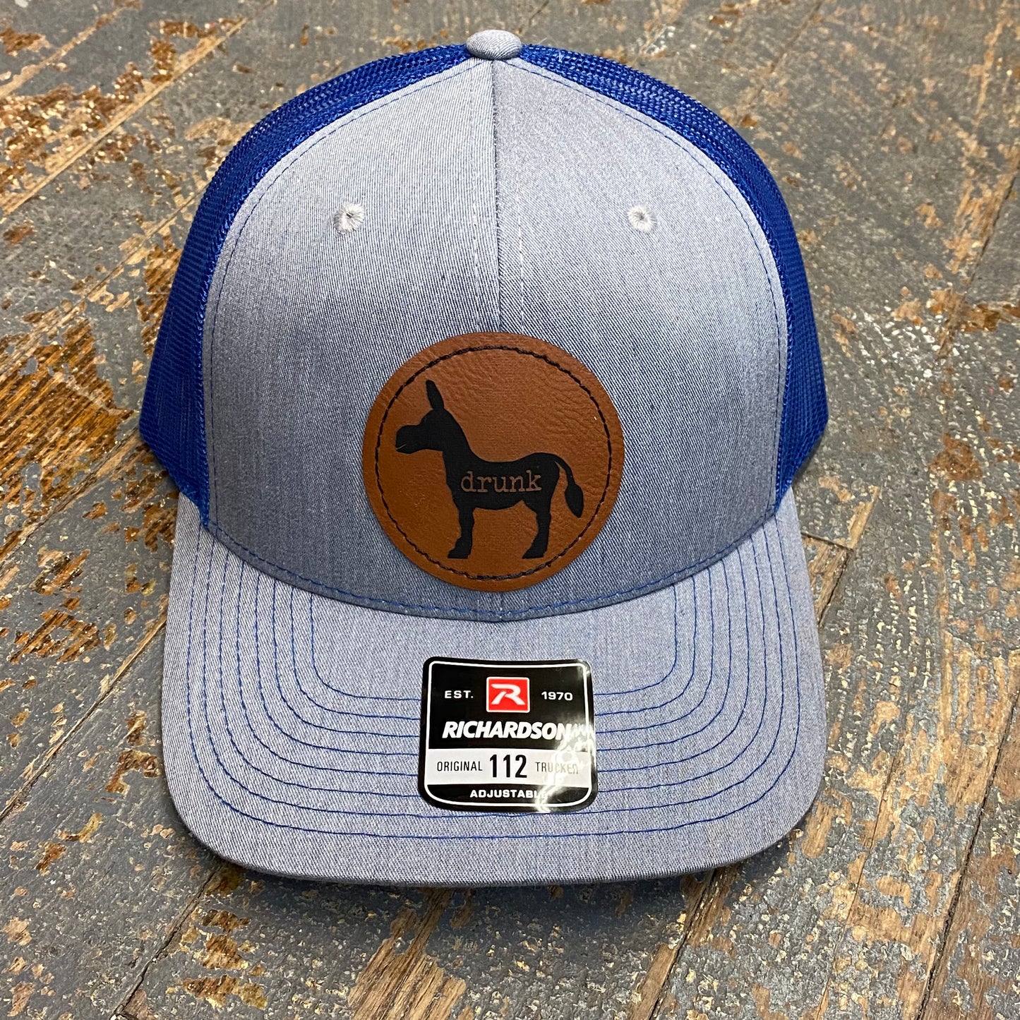 Drunk Ass Donkey Leather Patch Trucker Ball Cap Grey Blue