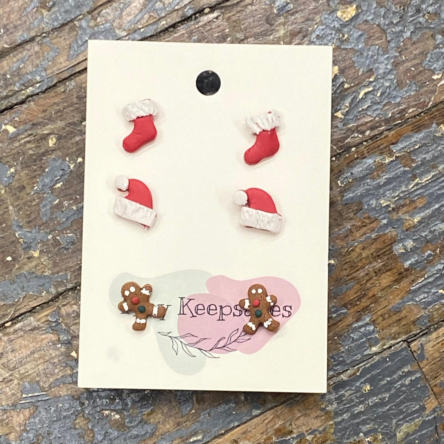 Clay 3 Pair Winter Gingerbread Stocking Santa Hat Post Earring Set