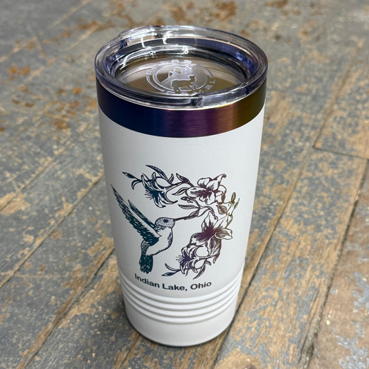 Hummingbird Indian Lake Ohio Laser Engraved Rainbow Stainless Steel 20oz Wine Beverage Drink Travel Tumbler White