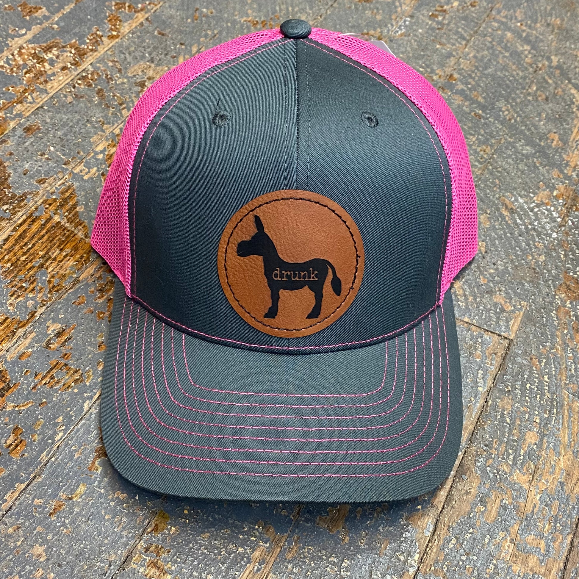 Drunk Ass Donkey Leather Patch Trucker Ball Cap Charcoal Pink