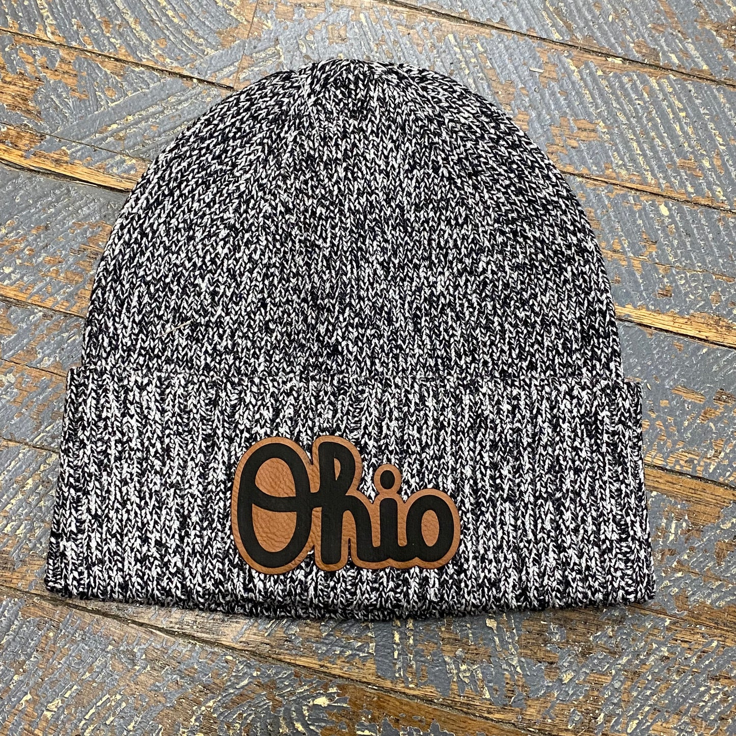 OHIO Script Leather Patch Beanie Ball Cap Black Grey