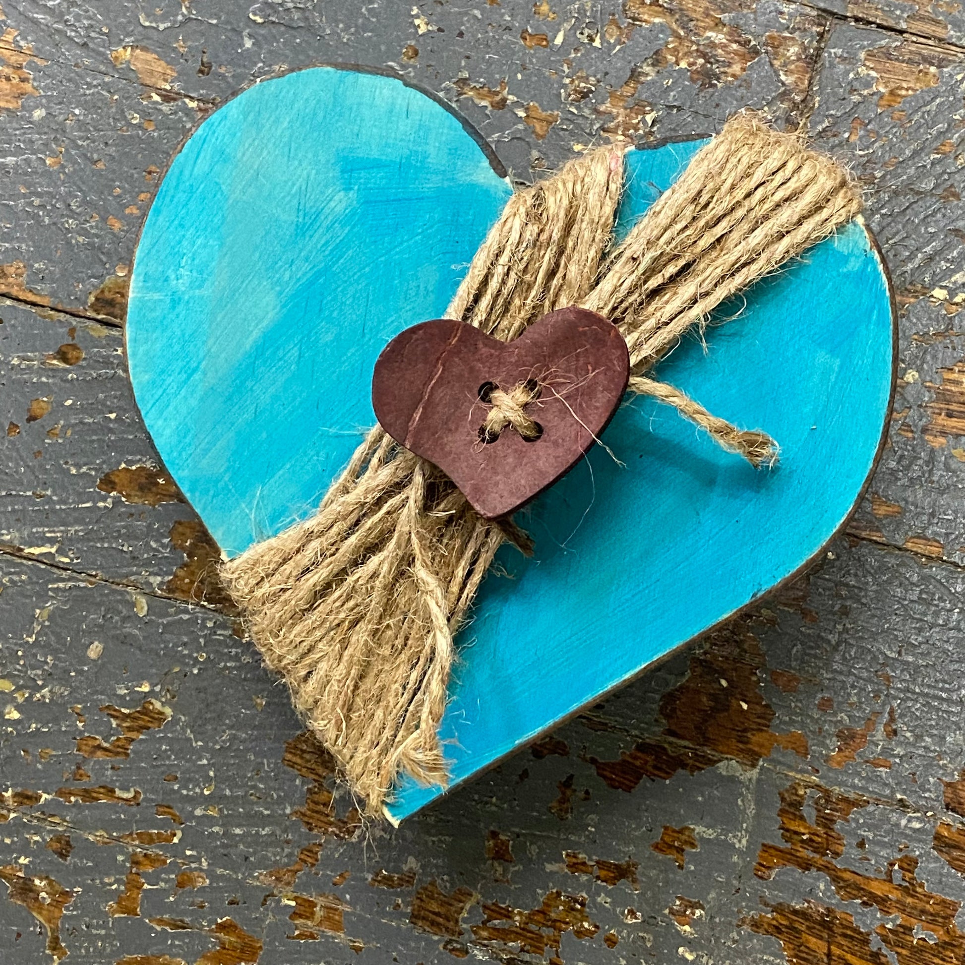 Hand Engraved Wood Heart Decorative Painted Yellow Blue