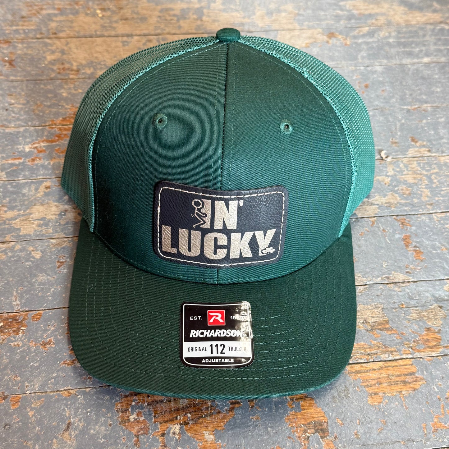 F'In Lucky Leather Patch Trucker Ball Cap Green Green