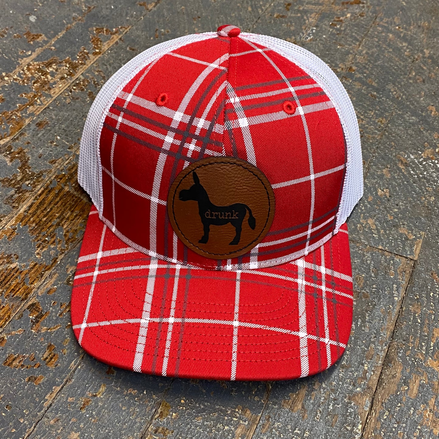 Drunk Ass Donkey Leather Patch Trucker Ball Cap Red Plaid White