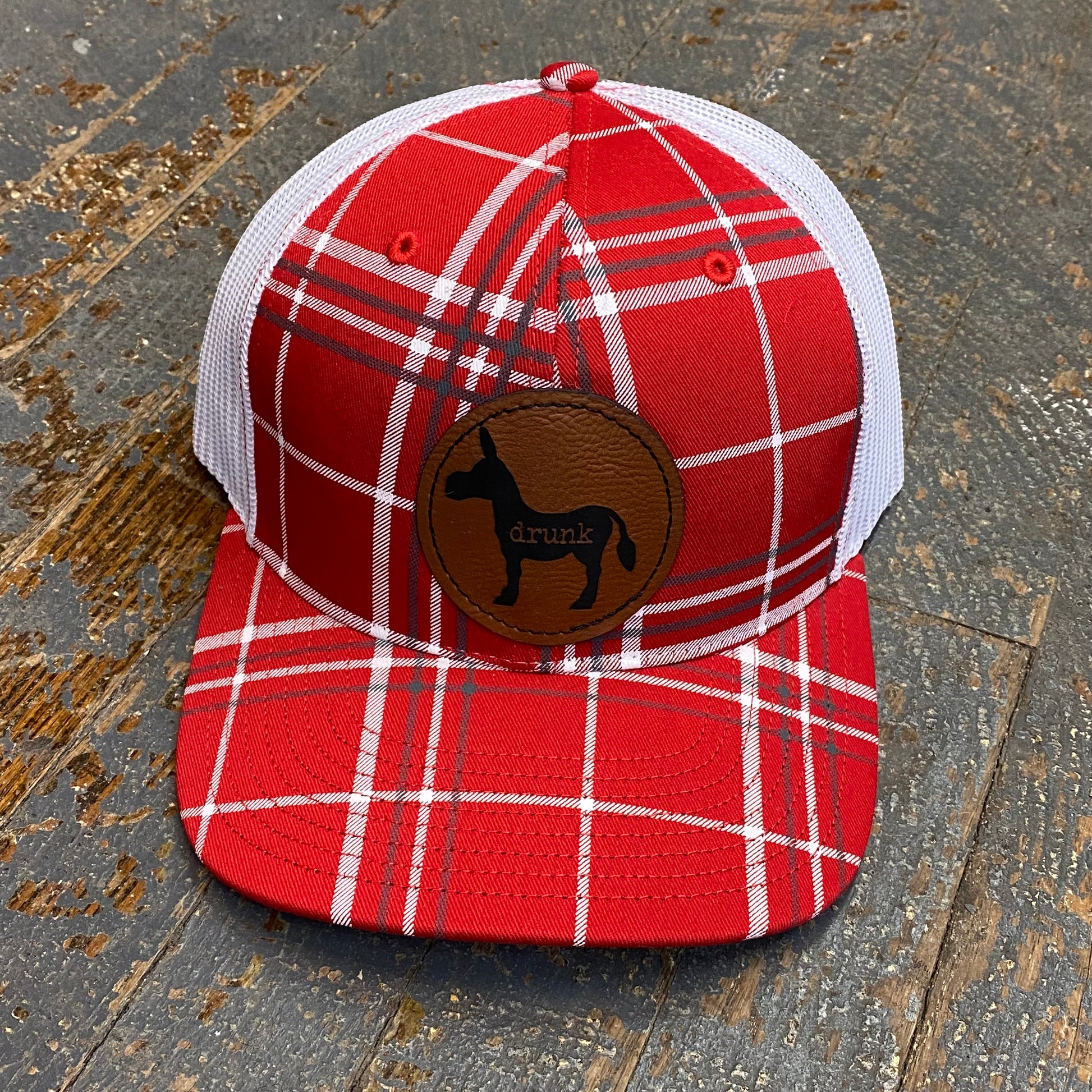 Drunk Ass Donkey Leather Patch Trucker Ball Cap Red Plaid White