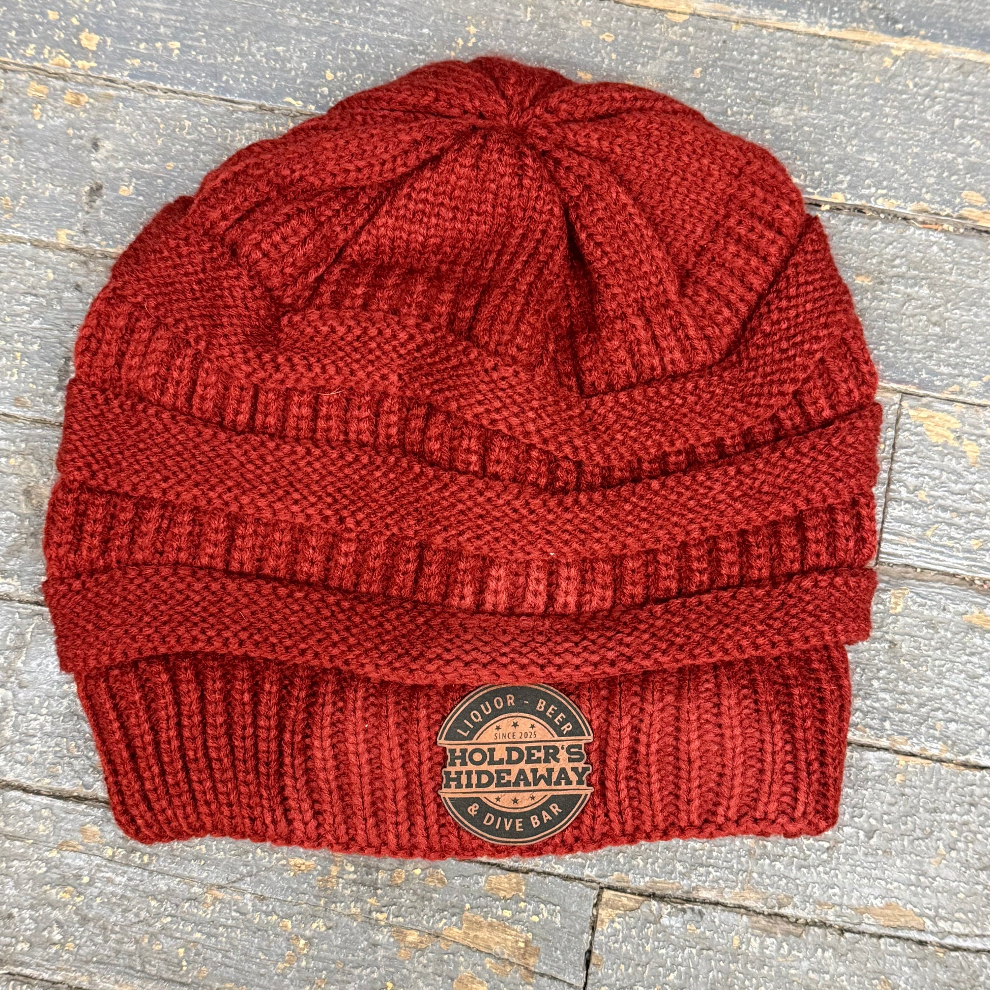 Holders Hideaway Leather Patch Beanie Ball Cap Ladies Knit Dark Red