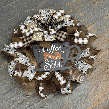 Coffee Warms Soul Holiday Wreath Door Hanger