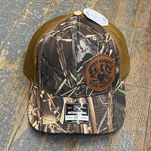 Feet Hanging We're Banging Leather Patch Trucker Ball Cap Camo Bronze