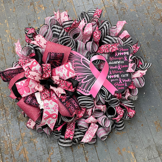 Pink Ribbon Butterfly Breast Cancer Awareness Holiday Wreath Door Hanger