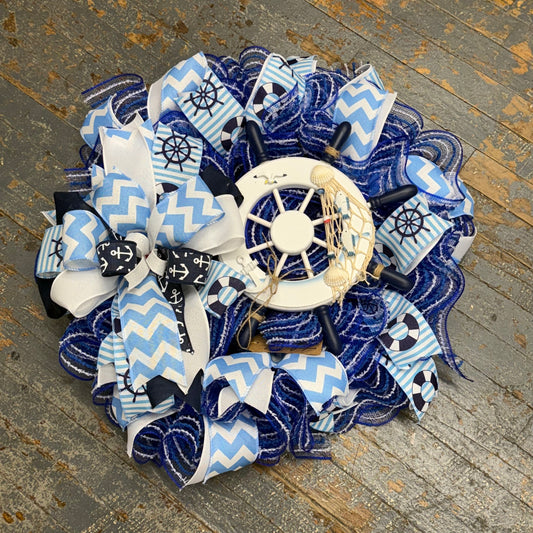 Nautical Ship Bright Blue Wheel Holiday Wreath Door Hanger