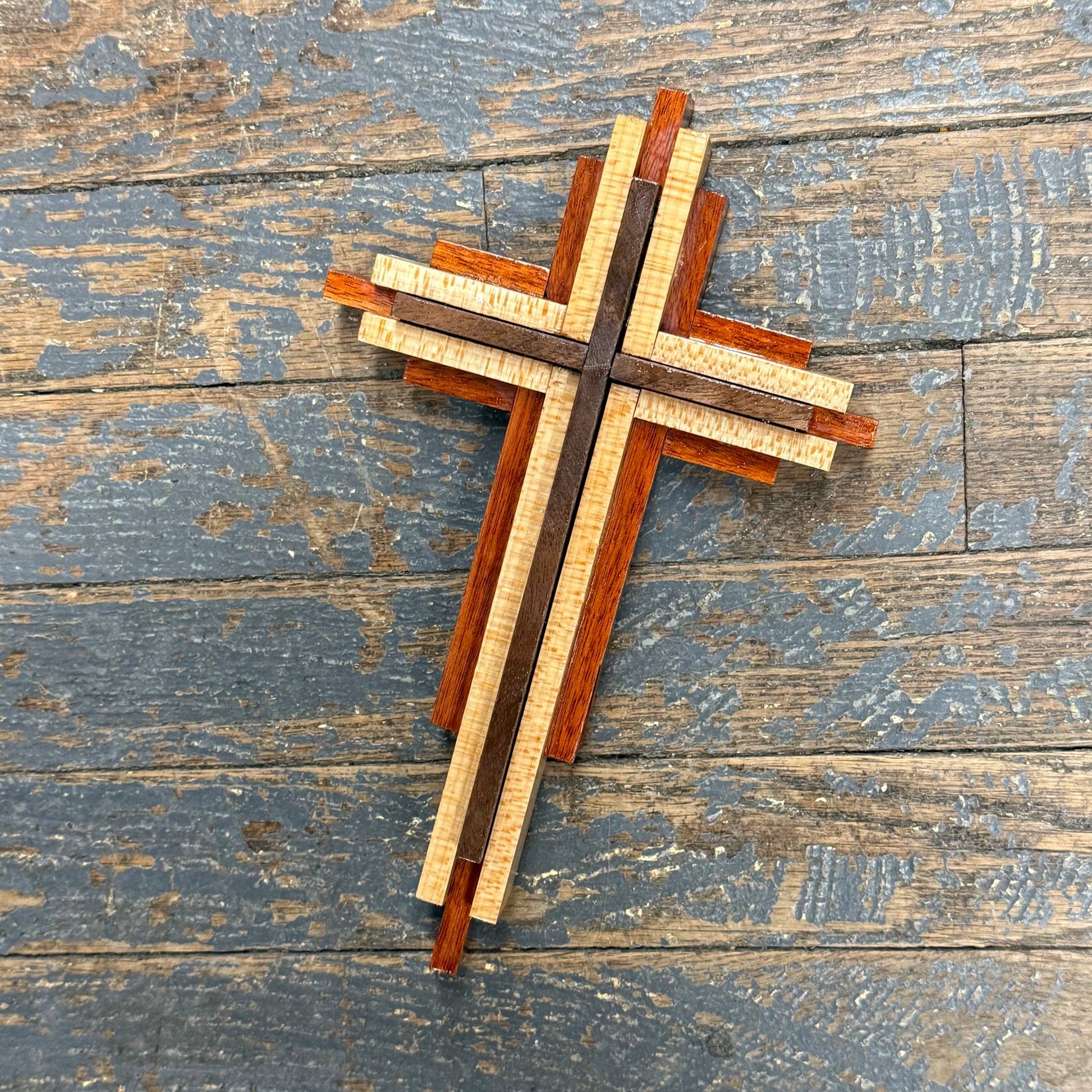 Handmade Layered Dimensional Natural Wooden Resurrection Cross Walnut Maple Blood Wood