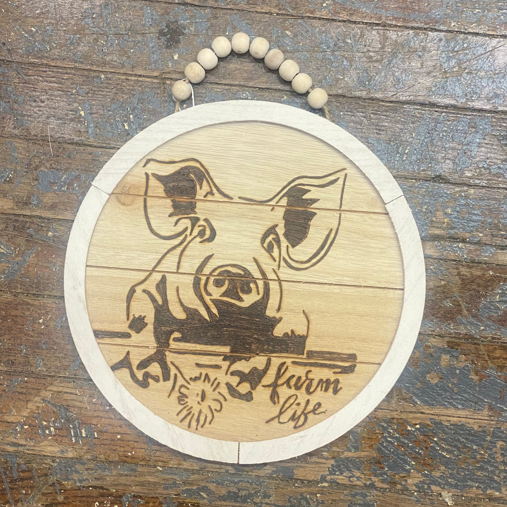 Hand Engraved Wood Ornament Sign Pig Farm Life