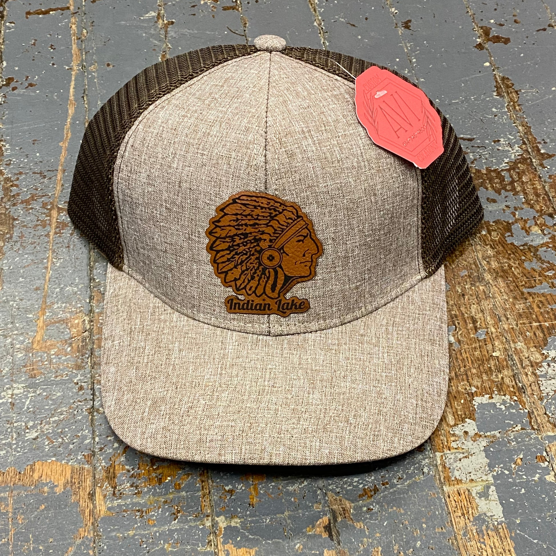 Indian Lake Ohio Indian Leather Patch Trucker Ball Cap Oatmeal Brown