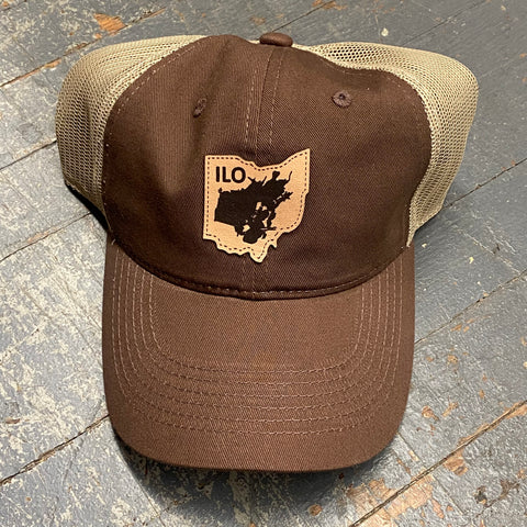 Indian Lake Ohio Map Leather Patch Chocolate Brown Neutral Trucker Ball Cap