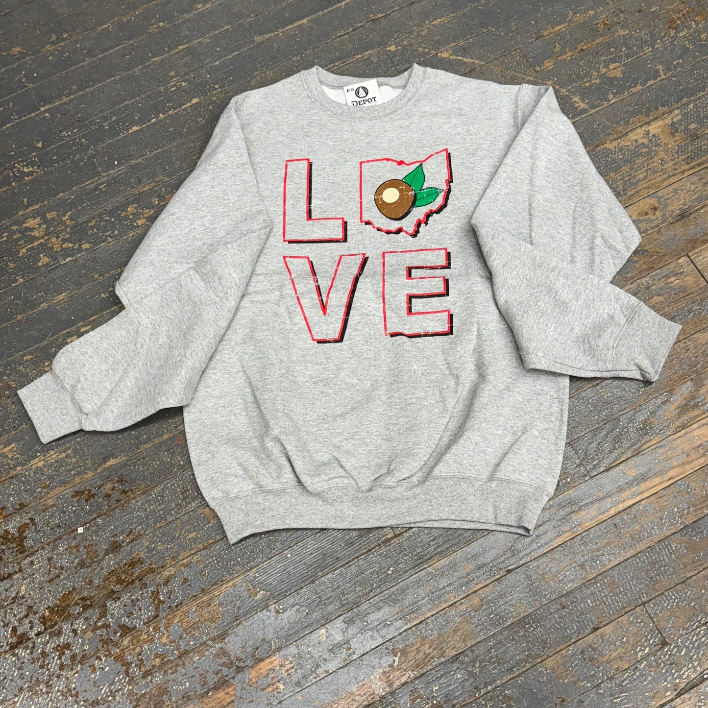Ohio LOVE Buckeye Grey Graphic Designer Long Sleeve Crew Neck Sweatshirt