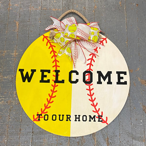 Welcome to Our Home Round Wood House Divided Softball Baseball Wall Sign Door Wreath
