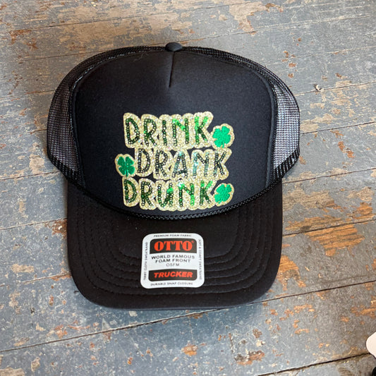 Drink Drank Drunk Lucky Clover Glitter Patch Soft Trucker Ball Cap Black