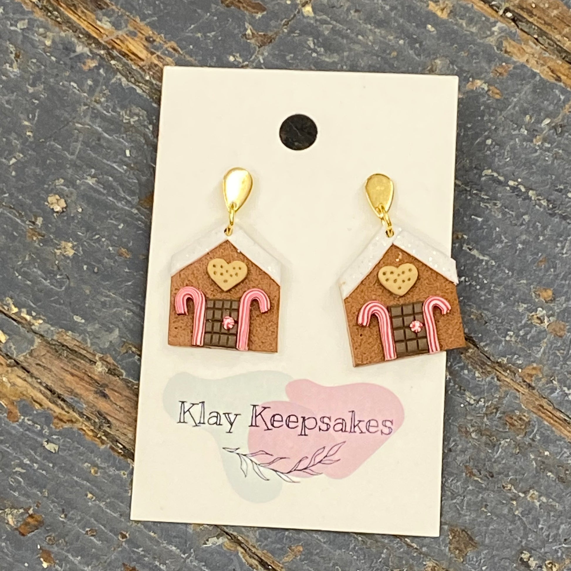 Clay Gingerbread House Gold Tear Dangle Earring Set