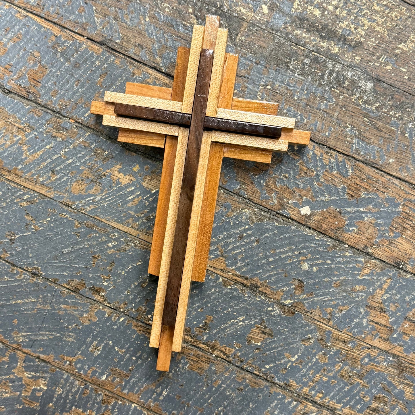Handmade Layered Dimensional Natural Wooden Resurrection Cross Walnut Maple Cherry