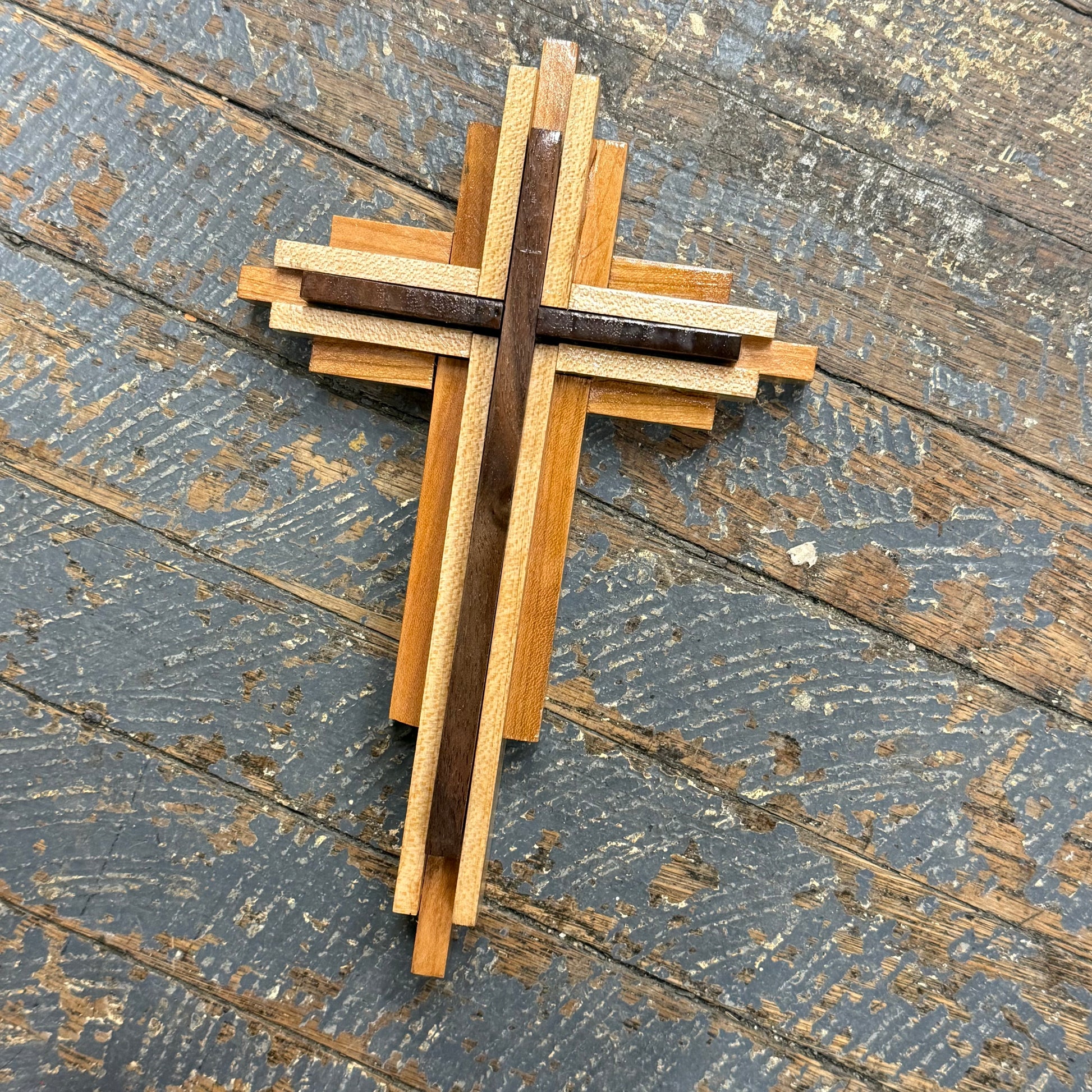 Handmade Layered Dimensional Natural Wooden Resurrection Cross Walnut Maple Cherry