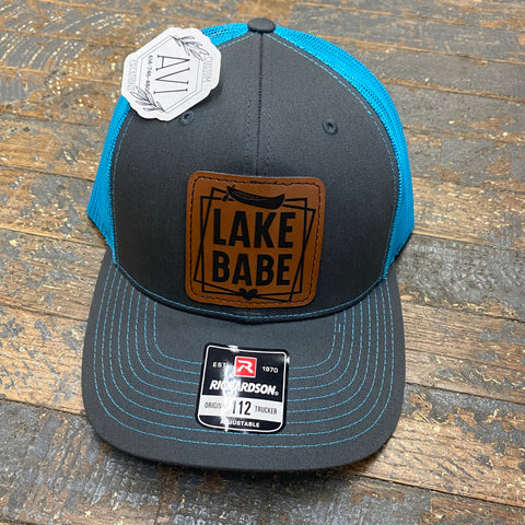 Lake Babe Leather Patch Trucker Ball Cap Grey Neon Blue