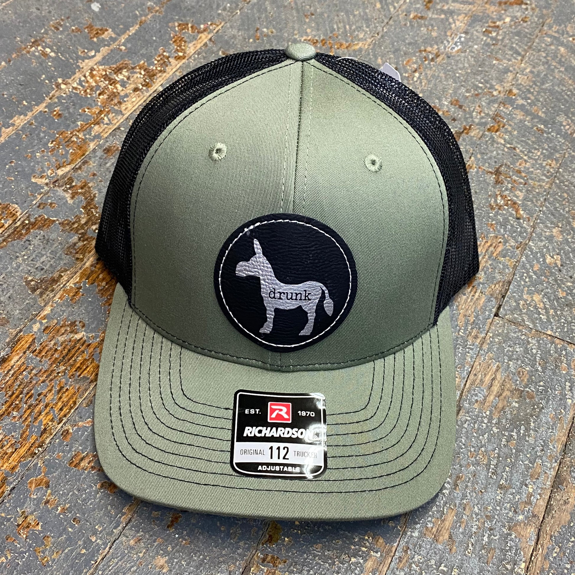 Drunk Ass Donkey Leather Patch Trucker Ball Cap Sage Green Black