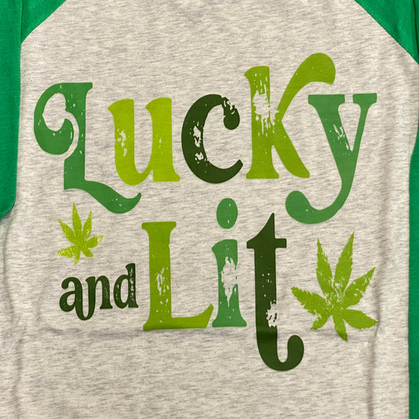 Lucky and Lit 3/4 Sleeve Raglan Baseball T-Shirt Graphic Designer Tee